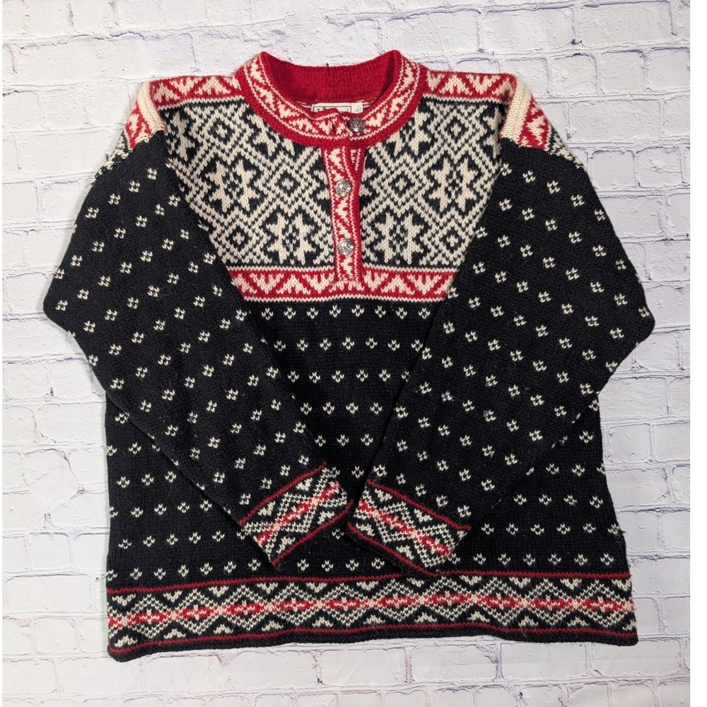 Vintage LL Bean BA45 Nordic Fair Isle Wool Sweater Large USA Made Henley